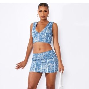 NWT PrettyLittleThing Women Blue Mini Skirt Twill Zip Up Corset Set US 6